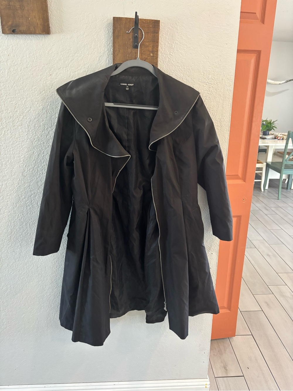 Samuel Dong Women's Black Trench Coat with Statement Collar missing tie